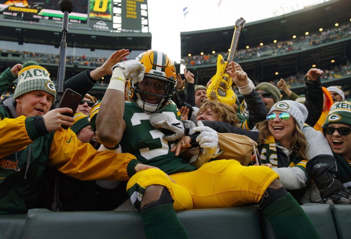 Let’s Talk About Justin Fields’ Take on Green Bay Fans Packers - Aaron Jones Lambeau Leap