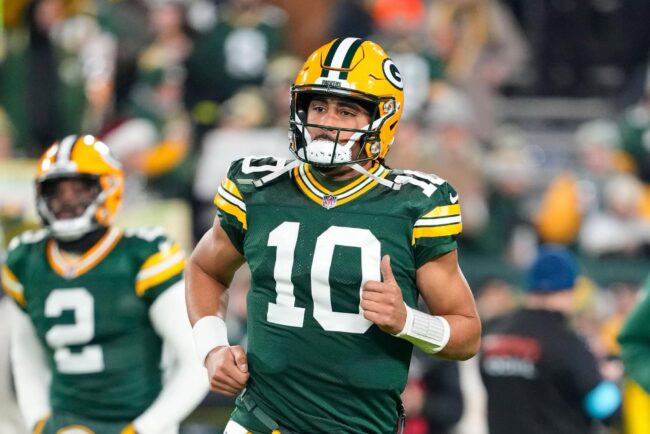 Dec 23, 2024; Green Bay, Wisconsin, USA; Green Bay Packers quarterback Jordan Love (10) during warmups prior to the game against the New Orleans Saints at Lambeau Field. Mandatory Credit: Jeff Hanisch-Imagn Images