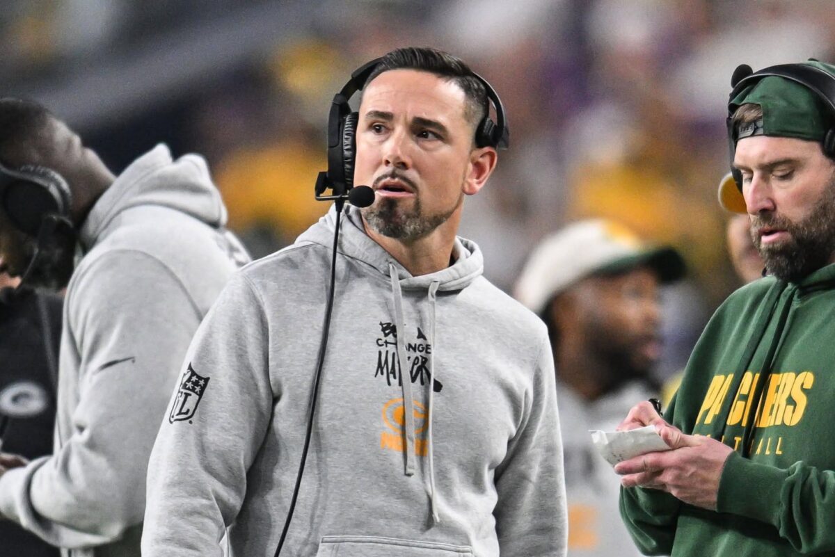 Dec 29, 2024; Minneapolis, Minnesota, USA; Green Bay Packers head coach Matt LaFleur looks on during the second quarter against the Minnesota Vikings at U.S. Bank Stadium. Mandatory Credit: Jeffrey Becker-Imagn Images