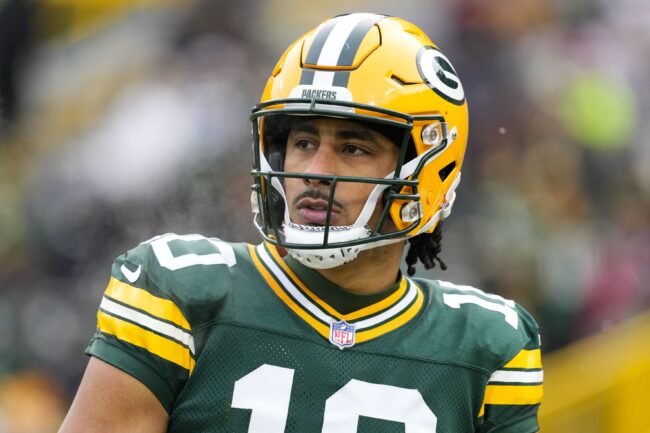 Jan 5, 2025; Green Bay, Wisconsin, USA; Green Bay Packers quarterback Jordan Love (10) during warmups prior to the game against the Chicago Bears at Lambeau Field. Mandatory Credit: Jeff Hanisch-Imagn Images
