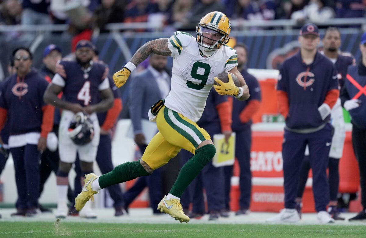 Green Bay Packers wide receiver Christian Watson (9) makes a 60-yard reception during the fourth quarter of their game Sunday