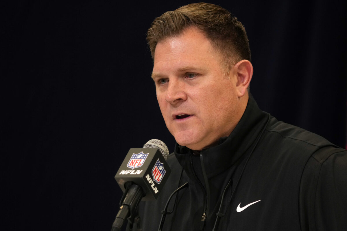 Feb 25, 2025; Indianapolis, IN, USA; Green Bay Packers general manager Brian Gutekunst speaks during the NFL Scouting Combine at the Indiana Convention Center. Mandatory Credit: Kirby Lee-Imagn Images