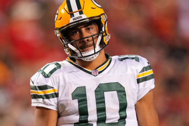 Aug 25, 2022; Kansas City, Missouri, USA; Green Bay Packers quarterback Jordan Love (10) reacts during the first half against the Kansas City Chiefs at GEHA Field at Arrowhead Stadium. Mandatory Credit: Jay Biggerstaff-Imagn Images