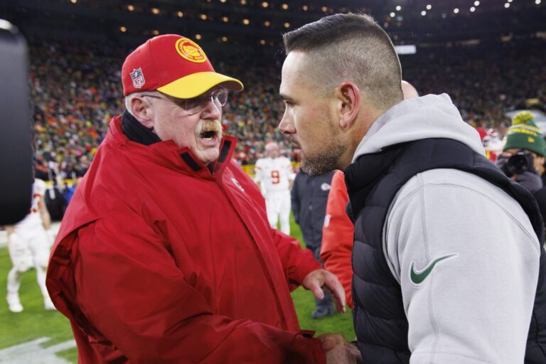 Green Bay Packers head coach Matt LaFleur greets Kansas City Chiefs head coach Andy Reid following the game at Lambeau Field.